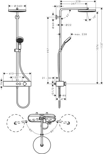 Hansgrohe Pulsify S Showerpipe 260 1 jet és ShowerTablet Select 400 króm 