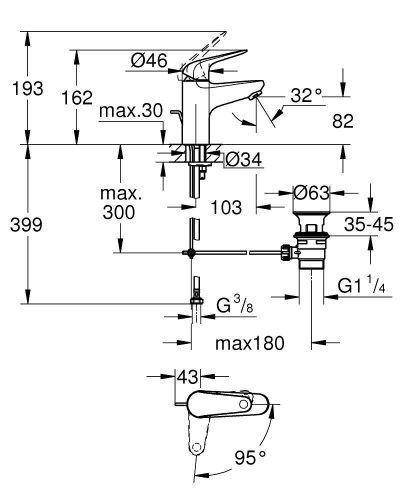 Grohe Euroeco egykaros mosdócsaptelep S leeresztővel hideg indítással Króm