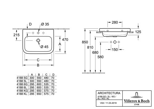 Villeroy & Boch Architectura Falhoz rögzíthető Beépíthető téglalap mosdókagyló 650 mm