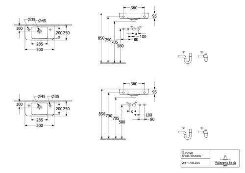 Villeroy & Boch O.Novo kompakt mosdókagyló Csaplyukfurat kiütve a jobb oldalon 500x250 mm