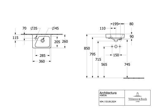 Villeroy & Boch Architectura Kézmosó túlfolyóval 360 mm jobbos