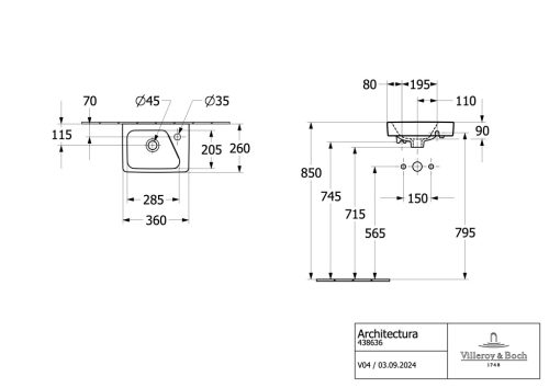 Villeroy & Boch Architectura Kézmosó túlfolyóval 360 mm balos