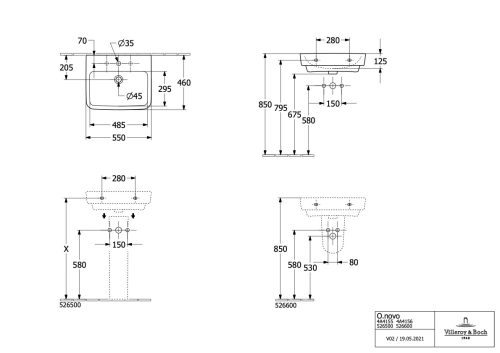 Villeroy & Boch O.Novo Fali mosdókagyló 550 mm