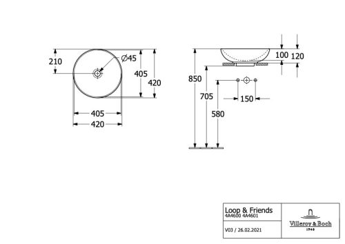 Villeroy & Boch Loop & Friends Pultra ültethető mosdókagyló kerek 420 mm Pure Black túlfolyóval