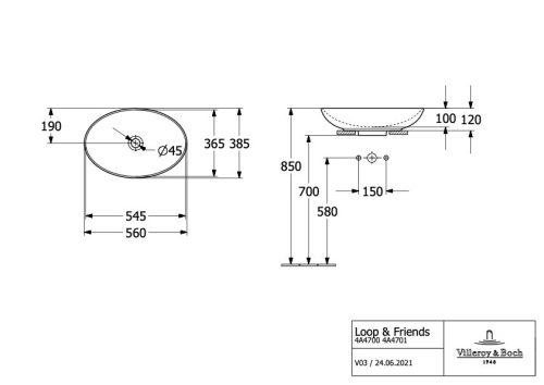 Villeroy & Boch Loop & Friends Pultra ültethető mosdókagyló ovális 560 mm Pure Black túlfolyó nélkül