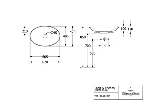 Villeroy & Boch Loop & Friends Pultra ültethető mosdókagyló ovális 620 mm Pure Black túlfolyó nélkül