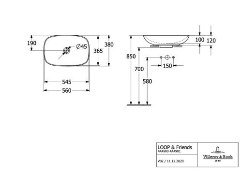 Villeroy & Boch Loop & Friends Pultra ültethető mosdókagyló szögletes 560 mm Pure Black túlfolyóval