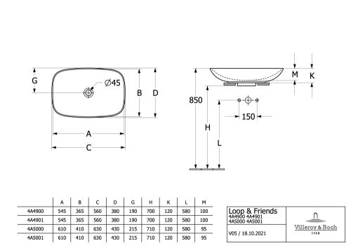 Villeroy & Boch Loop & Friends Pultra ültethető mosdókagyló szögletes 560 mm Stone White túlfolyóval