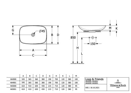 Villeroy & Boch Loop & Friends Pultra ültethető mosdókagyló szögletes 620 mm Pure Black túlfolyó nélkül