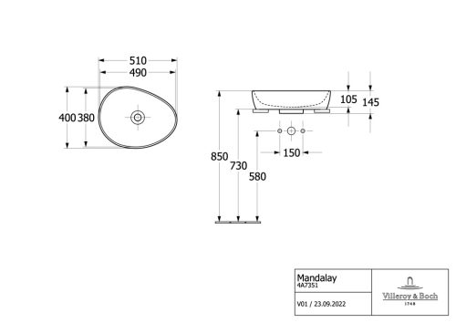 Villeroy & Boch Antao Pultra ültethető mosdókagyló 510 x 400 mm Pure Black CeramicPlus
