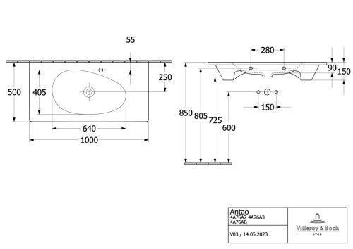 Villeroy & Boch Antao Bútoros mosdókagyló csaplyukfurat nélkül 1000 x 500 mm Almond CeramicPlus