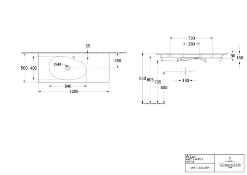 Villeroy & Boch Antao Bútoros mosdókagyló csaplyukfurat nélkül 1200 x 500 mm Almond CeramicPlus