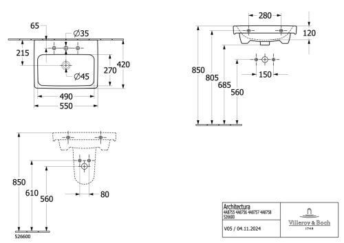 Villeory & Boch Architectura Bútoros mosdókagyló túlfolyóval 550 mm Ceramic Plus