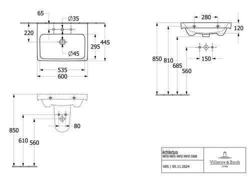Villeory & Boch Architectura Bútoros mosdókagyló túlfolyóval 600 mm