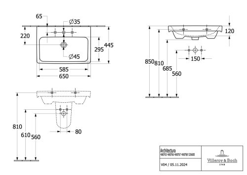 Villeory & Boch Architectura Bútoros mosdókagyló túlfolyóval 650 mm Ceramic Plus