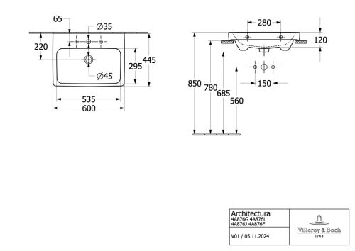 Villeroy & Boch Architectura Beépíthető mosdókagyló túlfolyóval 600 mm 
