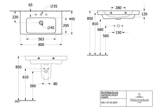 Villeory & Boch Architectura Bútoros mosdókagyló túlfolyóval 800 mm Ceramic Plus
