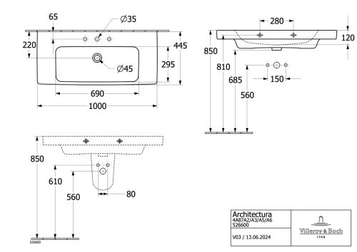Villeory & Boch Architectura Bútoros mosdókagyló túlfolyóval 1000 mm