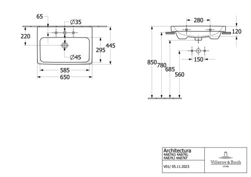 Villeroy & Boch Architectura Beépíthető mosdókagyló túlfolyóval 650 mm 