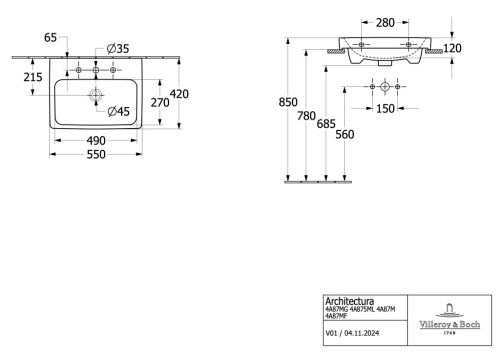 Villeroy & Boch Architectura Beépíthető mosdókagyló túlfolyóval 550 mm Ceramic Plus