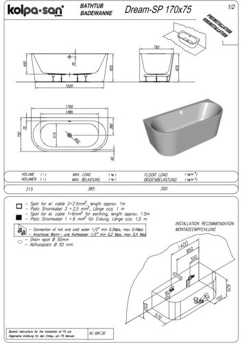 Kolpa San Dream-SP Falhoz állítható fürdőkád 170x75 cm
