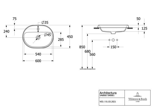 Villeroy & Boch Architectura Beépíthető ovális mosdókagyló  600 mm