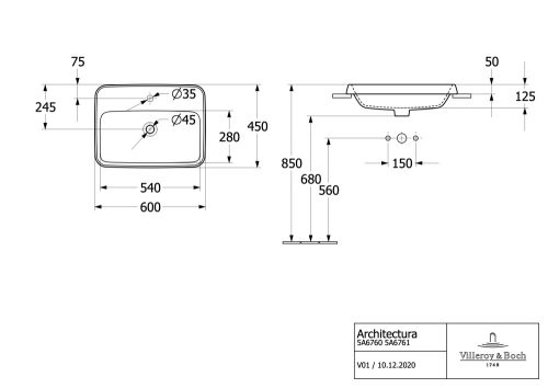 Villeroy & Boch Architectura Beépíthető téglalap mosdókagyló 600 mm