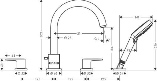 Hansgrohe Vernis Blend 4 lyukú peremre szerelhető kádcsaptelep matt fekete