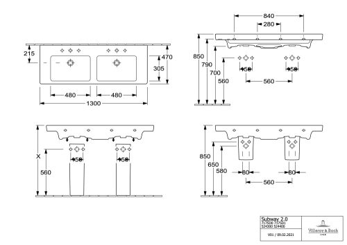 Villeroy & Boch Subway 2.0 kétmedencés Bútoros mosdókagyló 1300 x 470 mm CeramicPlus