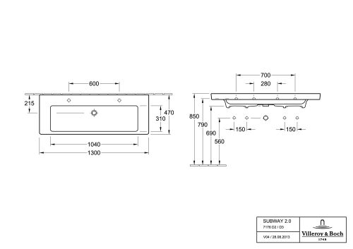 Villeroy & Boch Subway 2.0 Bútoros mosdókagyló 1300 x 470 mm, 2 csaplyukfurattal, CeramicPlus
