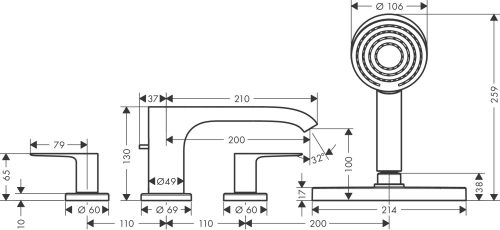 Hansgrohe Vivenis 4 lyukú, peremre szerelhető kádcsaptelep sBox-szal matt fekete