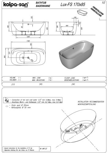 Kolpa San Lux-FS szabadon álló fürdőkád 170x85 cm