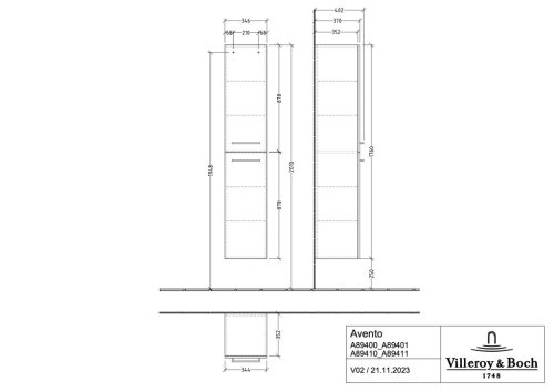 Villeroy & Boch Avento Magasszekrény, zsanér jobb oldalon 350 mm Volcano Black