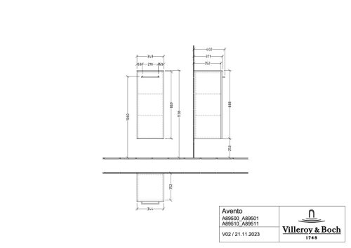 Villeroy & Boch Avento Oldalszekrény, zsanér bal oldalon 347 mm Brilliant White