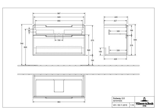 Villeroy & Boch Subway 2.0 fürdőszoba bútor 1000 mm Glossy Grey (mosdókagyló nélkül)