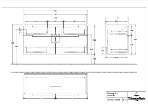 Villeroy & Boch Subway 2.0 Fürdőszoba bútor 1300 mm Black Matt Lacquer (mosdókagyló nélkül)