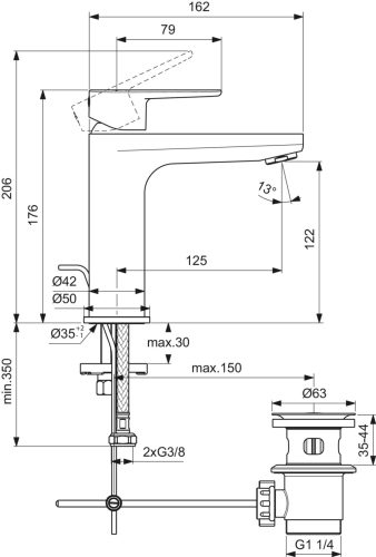 Ideal Standard Cerafine O Mosdócsaptelep leeresztővel H120 Silk Black