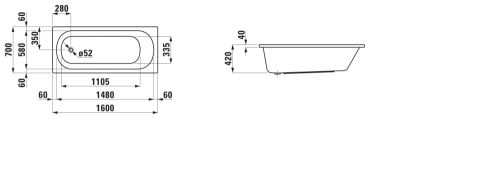 Laufen Lua Egyenes fürdőkád akril 1600 x 700 mm