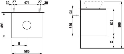 Laufen Lani Pultos Alsószekrény 2 fiókkal kivágással középen 585 mm Matt fehér