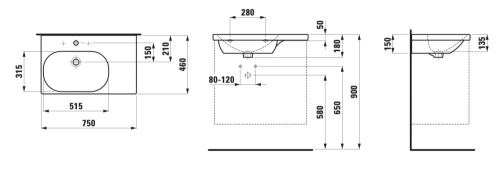 Laufen Lua Aszimmetrikus mosdókagyló 750 mm Balos