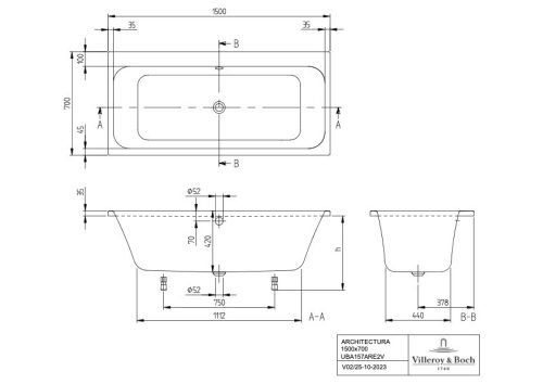 Villeroy & Boch Architectura akril fürdőkád egyenes 1500x700 mm