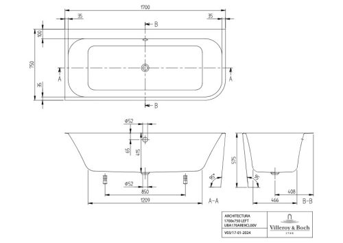 Villeroy & Boch Architectura Falhoz építhető akril fürdőkád balos 1700x750 mm