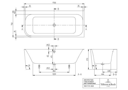 Villeroy & Boch Architectura Falhoz építhető akril fürdőkád jobbos 1700x750 mm
