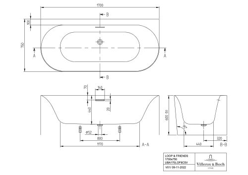 Villeroy & Boch Loop & Friends Oval Akril Fürdőkád fal mellett álló 1700 x 750 mm