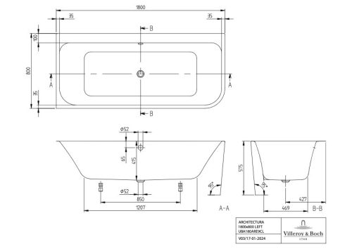 Villeroy & Boch Architectura Falhoz építhető akril fürdőkád balos 1800x800 mm