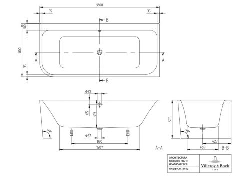 Villeroy & Boch Architectura Falhoz építhető akril fürdőkád jobbos 1800x800 mm