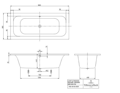 Villeroy & Boch Loop & Friends Square egyenes Akril Fürdőkád 1800 x 800 mm