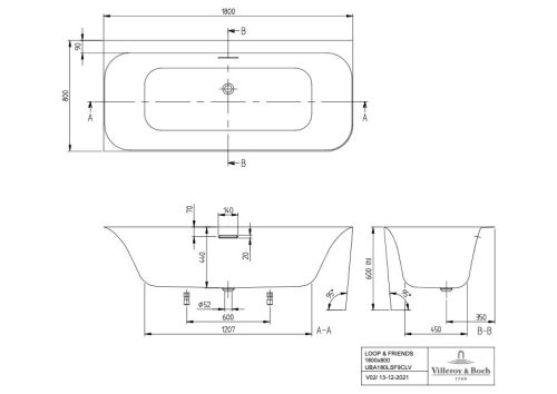 Villeroy & Boch Loop & Friends Square Akril Fürdőkád  fal mellett álló, Sarok változat, bal 1800 x 800 mm
