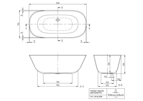 Villeroy & Boch Theano Szabadonálló Fürdőkád Quaryl 1550 x 750 mm
