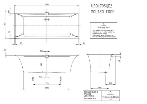 Villeroy & Boch Squaro Edge Akril Fürdőkád Egyenes 1700 x 750 mm